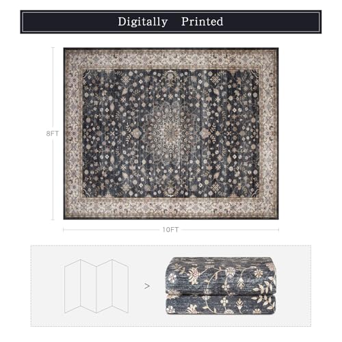 Washable Rugs 8x10 Area Rugs for Living Room,Rugs for Bedroom,Large Carpets,Ultra Soft Faux Wool Retro Dining Room Rug,Non Slip&Non-Shedding Low Pile Vintage Print Rug for Home Office-Black