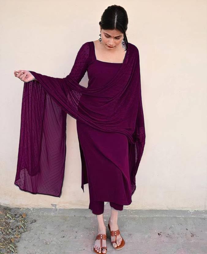 Image of Anveri Textiles Women's Cotton Blend Kurti with Square Neck Long Sleeves Solid Pattern A Line Style Ankle Length and Dupatta Set
