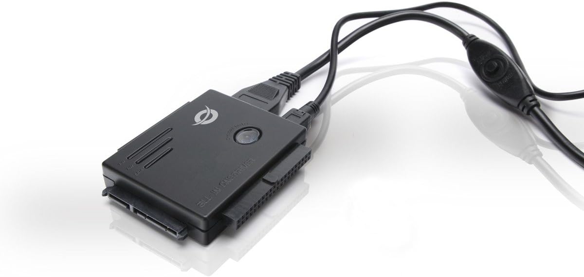 Conceptronic CSATAI23U adapter connected to cables, showing SATA and IDE ports.