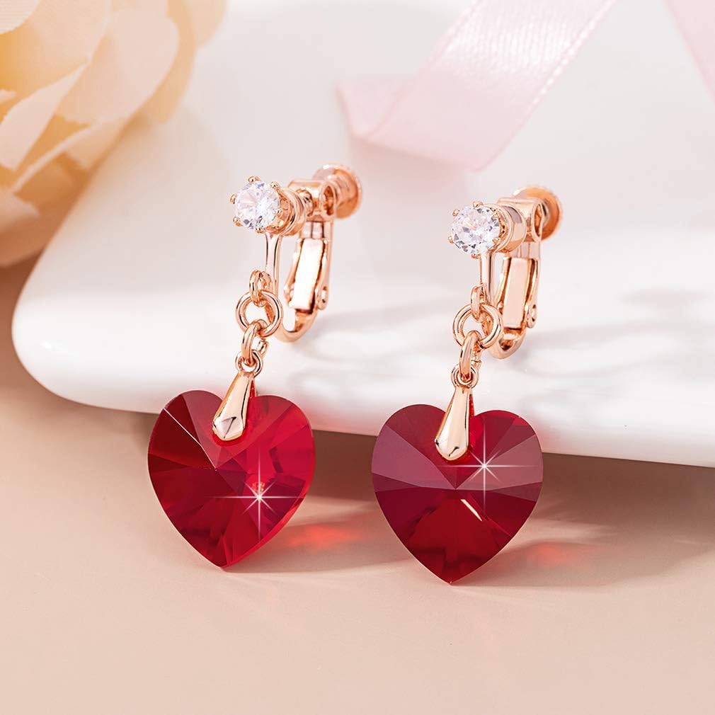 Austrian Crystal Heart Drop Clip On Dangle Earrings for Women Non Pierced 14K Rose Gold Plated Hypoallergenic Jewelry - Image 3