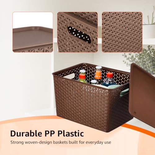 Image of Amazon Basics Set of 3 (Small, Medium, Large) Plastic Storage Baskets with Lid Stackable Shelf Basket, Storage Box & Organiser for Wardrobe, Kitchen,Clothes, Toys, Books, Office (Brown, Rectangular)