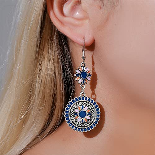 Coadipress Vintage Bohemian Round Earrings For Women Girls Unique Long Retro Sunflower Ethnic Palace Circle Metal Ethnic Dangle Drop Statement Earrings Jewelry (Bohemian Blue Flower) #TOP1