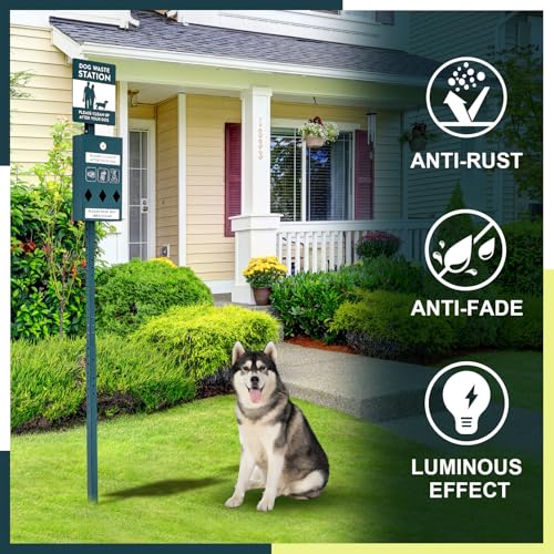 Image of Qinyoung Dog Waste Station with Bags Galvanized Steel Outdoor Pet Bin Dispenser Reflective Sign Rust Proof System for Backyard Commercial Park(1 Pack)