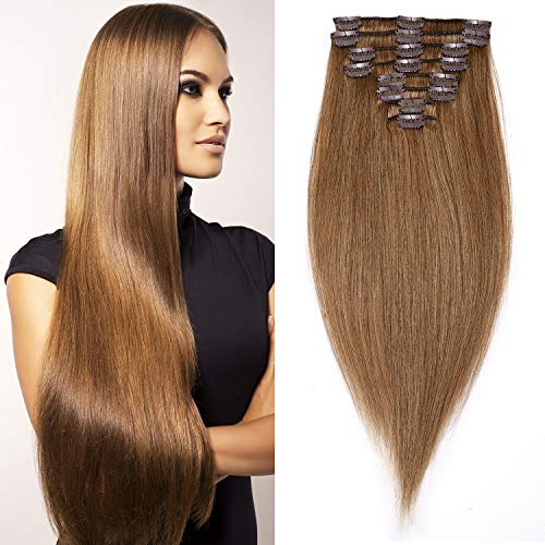 S-noilite 8pcs Clip in Human Hair Extensions 20 Inch 105g Clip on Real Hair Light Brown #6