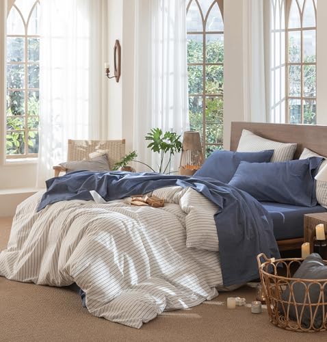 Image of MooMee Bedding Sheet Set 100% Washed Cotton Linen Like Textured Breathable Durable Soft Comfy (Heathered Blue, Twin)