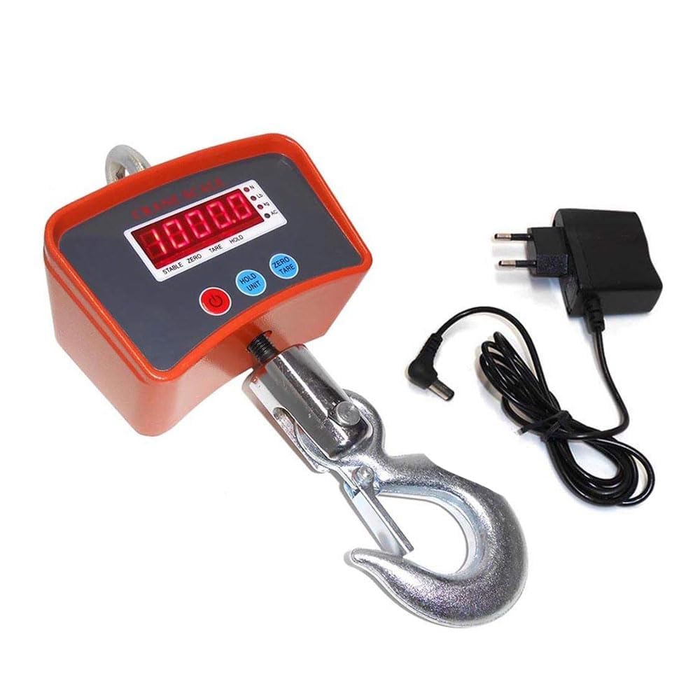 Bilancia a Gru, 1000 KG di Portata, Dinamometro Digitale ad Alta Precisione, Displey a LED, Gancio in Acciaio Inossidabile a Sospensione con Alimentatore, Funzione Tara e Hold