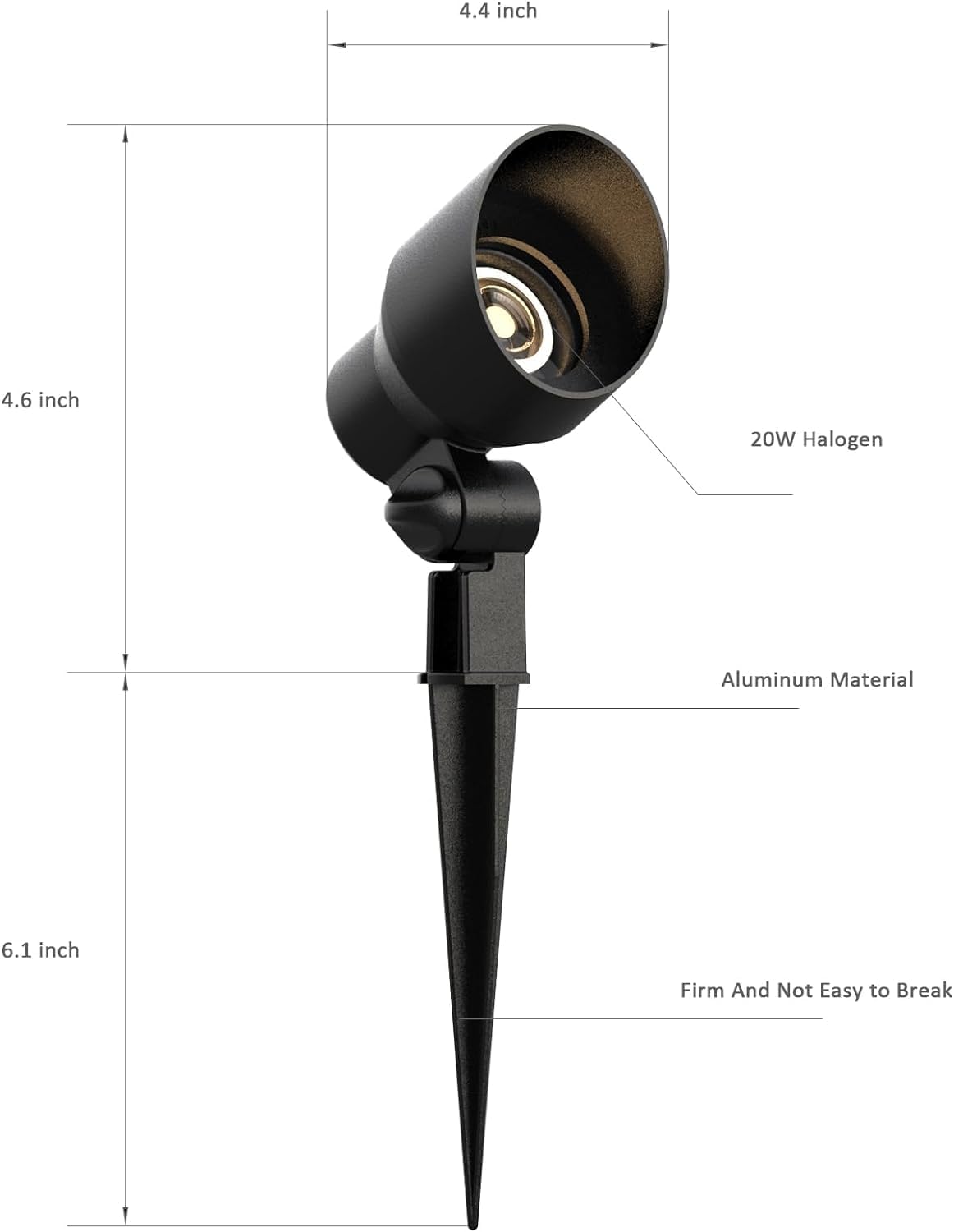 Diagram showing dimensions of the light fixture: 4.4 inch width, 4.6 inch height for light head, 6.1 inch for stake