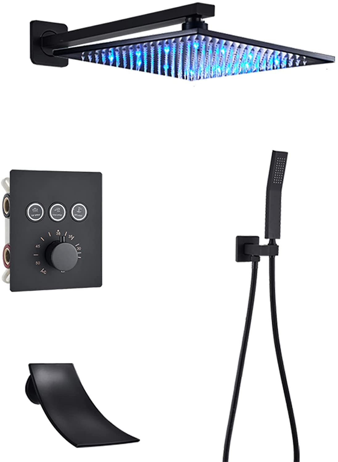 AYCDL Concealed Shower System Thermostatic Shower Faucet Set Wall Mounted Matte Black Anti Scald Shower Set with Hand Shower and LED Rainfall Shower Head Advanced Air