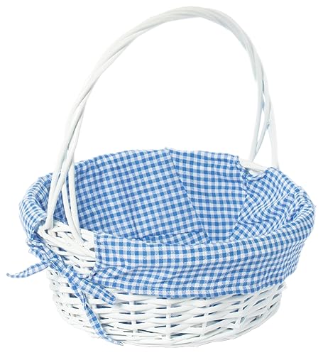 212 Main 13 x 15 in. Round Willow Gift Basket with Blue Gingham Liner & Handle White - Medium
