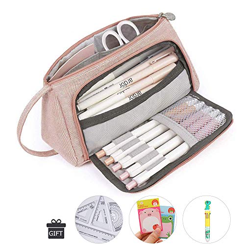 Estuche para Lápices,Grande Capacidad Estuche Escolar para Estudiantes Papelería con gobernantes establecen,plumas de 10 colores de dibujos animados y Notas Adhesivas para Escuela y Oficina (Rosa)