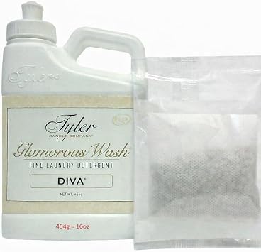 Tyler Candle Glamorous Liquid Wash Detergent Wash, Liquid, Diva, 16 Fl oz/with Dryer Sachet Single Pouch, Pull and Pour Spill Proof Cap oh