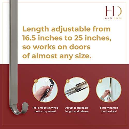 Haute Decor Adapt Adjustable Length Wreath Hanger - 2Pack - Holds Up To 20 Lbs (Brushed Nickel) - Strong Over The Door Hook #TOP2