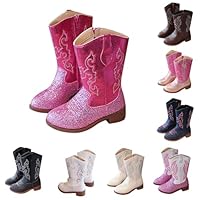 Cowgirl Boots Kids Cowboy Boots Girls Toddler Winter Warm Long Calf High Leather Ankle Western Riding Boots Stylish Non-Slip Comfortable Side Zipper Soft Festival Party Cosplay