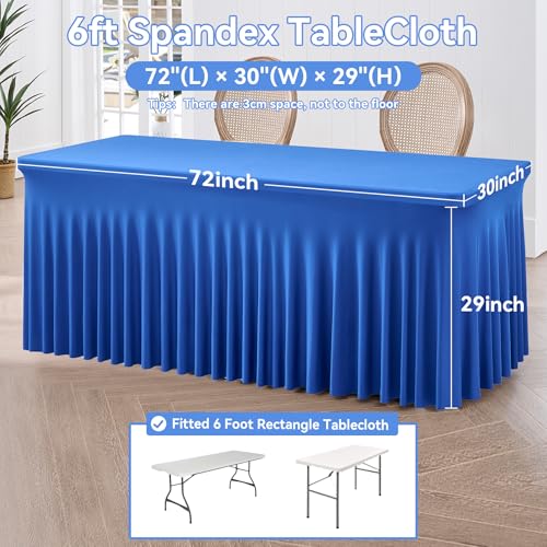 Image of NSSONBEN 2 Pack Royal Blue Spandex Tablecloths 6ft, Wrinkle Free High Stretch Fitted Table Cloths for 6 Foot Rectangle Tables, Ruffle Skirt Spandex Table Covers 6ft for Party Wedding Banquet