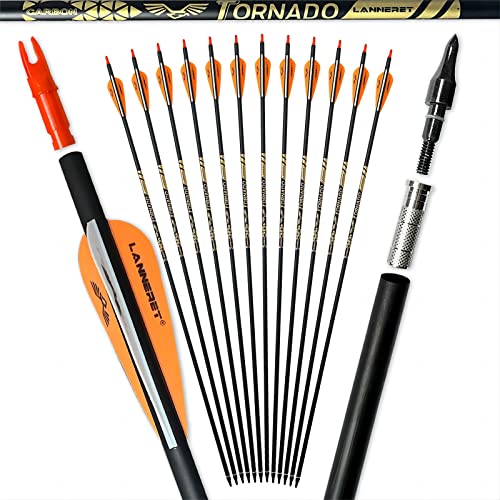 Lanneret Archery Carbon Arrows for Compound & Recurve Bows，28Inch Carbon Practice Bow Arrow with Removable for Youth Compound & Recurve Bow Target (Pack of 12) Orange