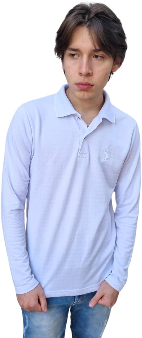 Camisa Polo Básica Algodão Manga Longa Bainha Jacquard Casual Slim