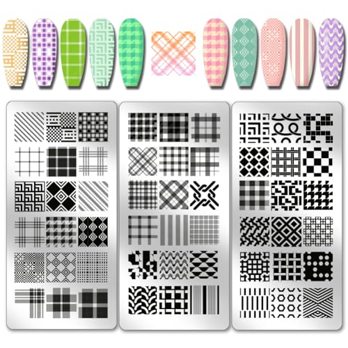 PH PandaHall 3pcs Classic Plaid Pattern Nail Stamp Plate Tartan Nails Art Stencils Stainless Steel Nail Image Plate Plaid Pattern Print Art Template for Women DIY Printing 4.7x2.3 inch