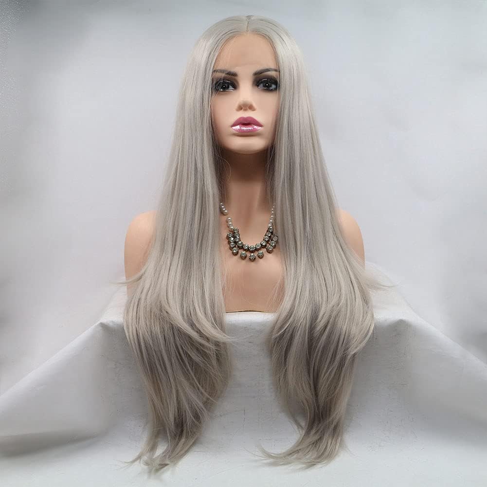 AFBeauty Grey Lace Front Wig for Women Long Straight Ash Gray Glueless Wig Synthetic Lace front Wig Heat Resistant Fiber Synthetic Lace Front Wig Silver Wigs 24 inches - Image 5