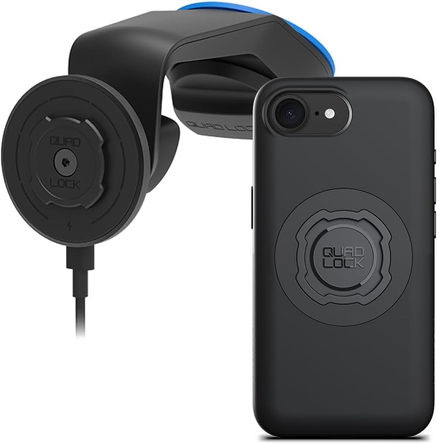 Quad Lock Windscreen/Dashboard Car Phone Holder with MAG Wireless Charging Head V2 and MAG Phone Case for iPhone 16e