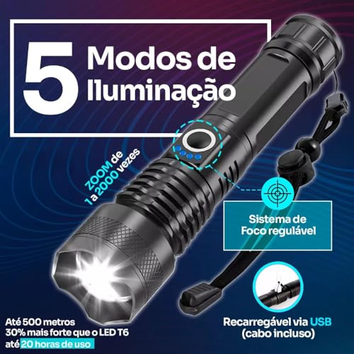 Super Lanterna Tática T9 Militar: LED de Alta Intensidade, Zoom Ajustável, USB Recarregável para Caç