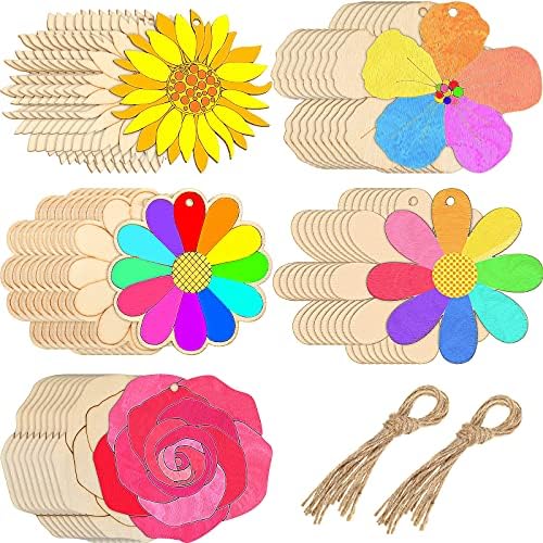 Kathfly 50 Pieces Flowers Unfinished Wooden Cutouts for Crafts Sunflower Wood Slices Flower Wooden Paint Crafts for Kids Painting, DIY Crafts Painting Tags Wedding Home Decorations