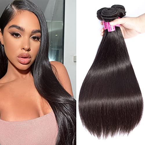 10A Straight Bundles Human Hair 100% Unprocessed Brazilian Virgin Straight Weave Human Hair Bundles Natural Color Hair Extensions (14 16 18)……