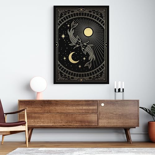 Tableau sur toile carpes koï dorées œuvre céleste décoration grand format