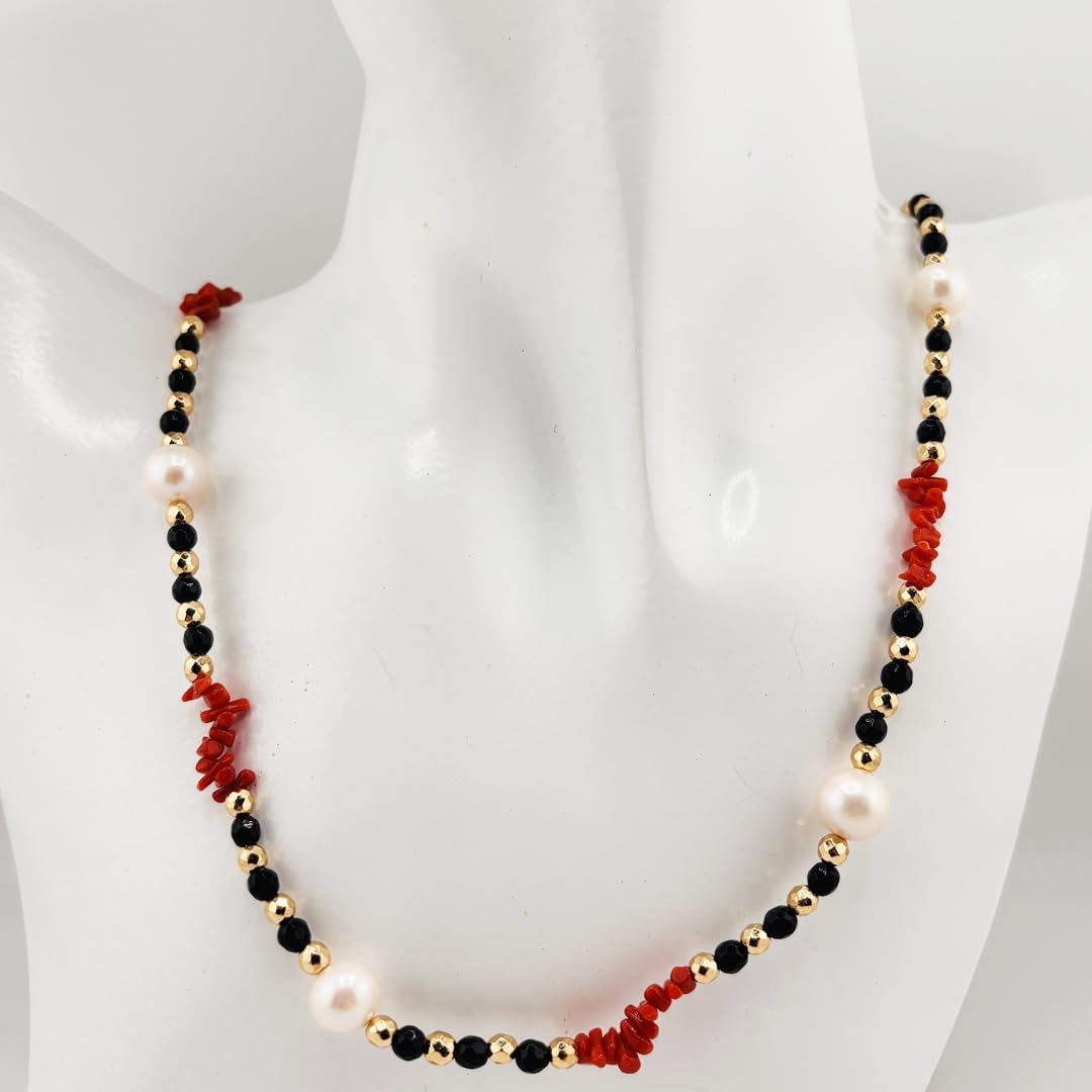 Generico Collana lunga 80 cm sfere in onice nero cupolini in corallo rosso naturale del Mediterraneo ematite e perla naturali di acqua dolce gioiello artigianale da donna ragazza