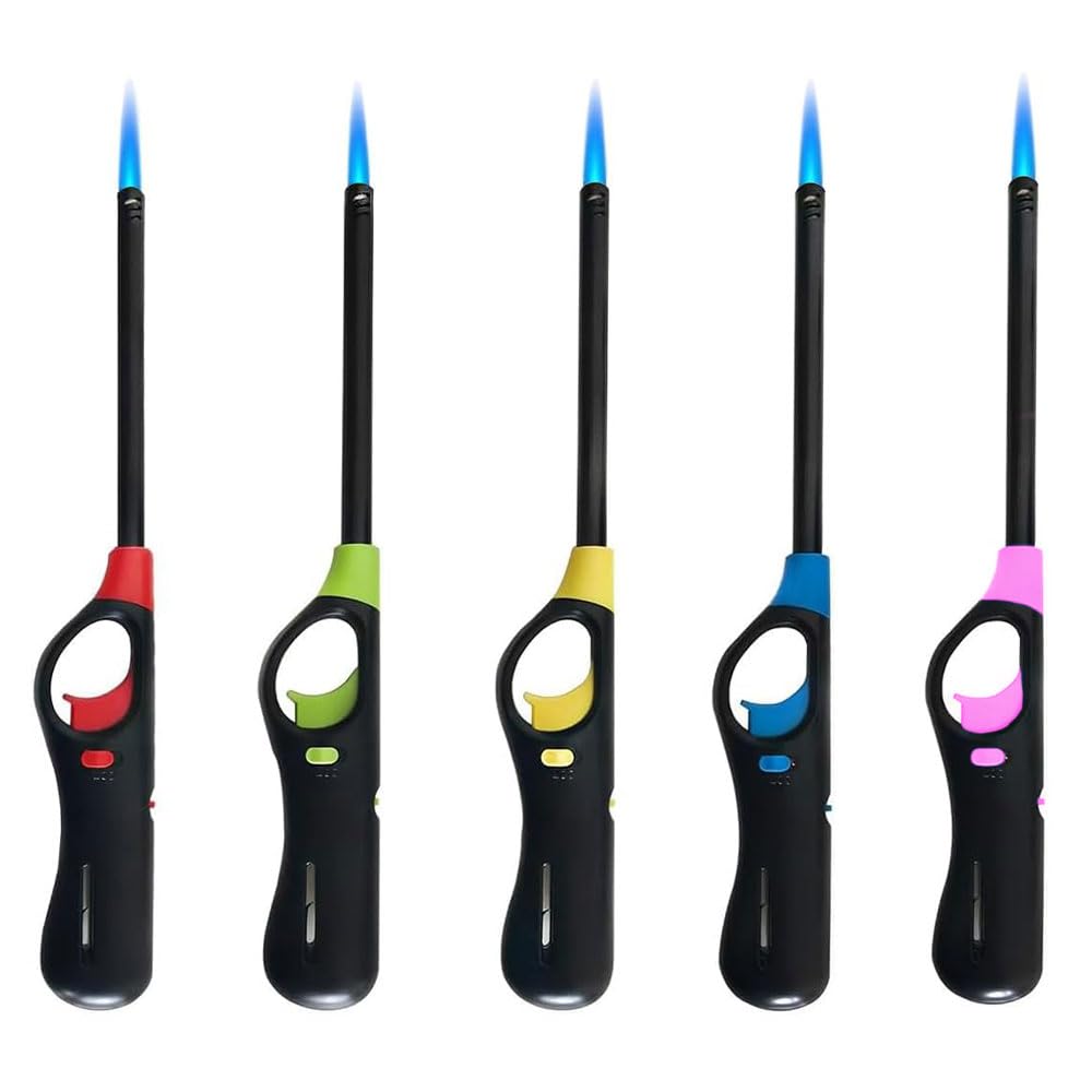 Jet Flame BBQ Lighters - 5 Pack Windproof Child-Resistant Multipack Large Refillable Safety Gas Candle Fire Lighters for Barbecue, Stove, Kitchen Cooker, Hobs, Camping (Assorted Colors) - ANGIX