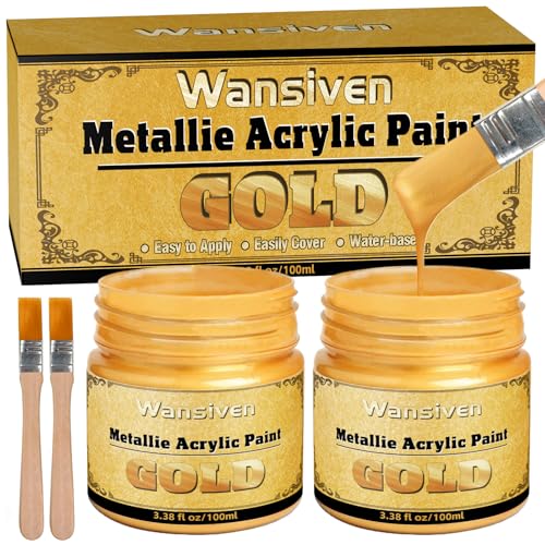 Wansiven Pintura acrílica de color dorado metalizado, pintura dorada reparadora, no tóxica, resistente a la decoloración, para arte, pintura, manualidades y muebles (oro-2pack)