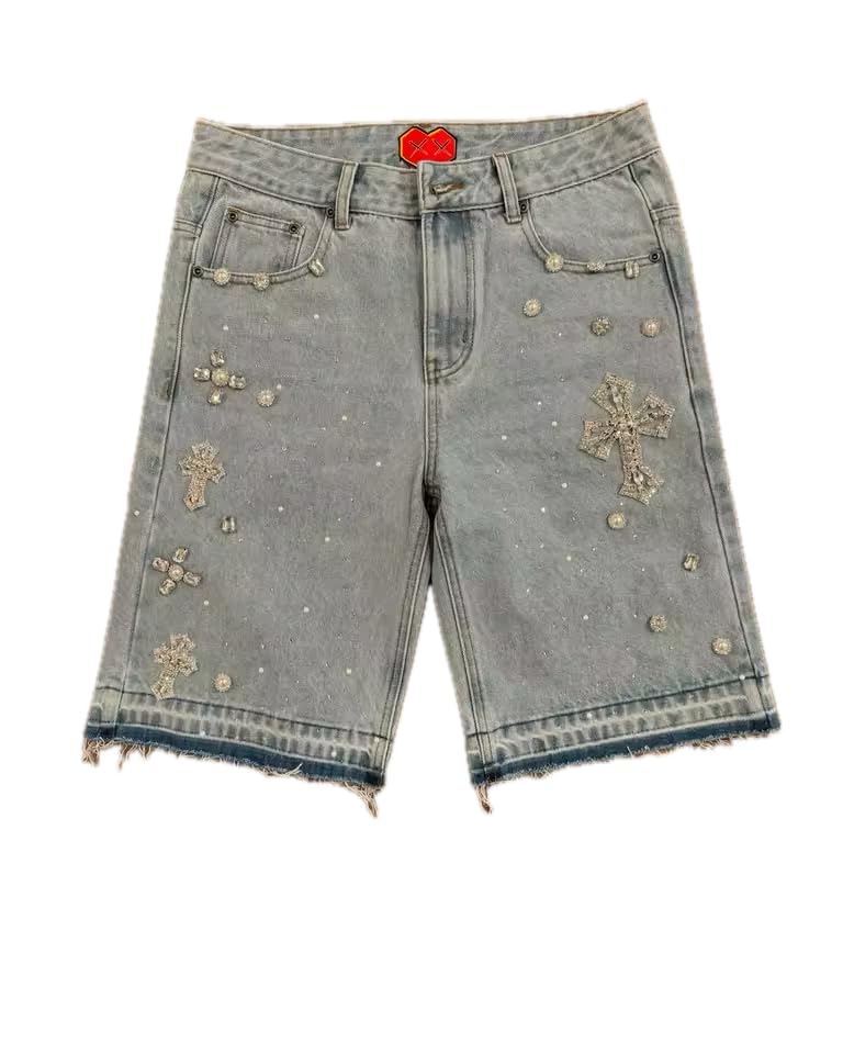 Pantalones cortos con diamantes cruzados denim negro para mujer