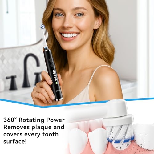 Image of SEAGO Rotating Electric Toothbrush for Adults - 8 Replacement Heads (4 Soft /4 Hard), IPX7 Waterproof, 5 Modes with Memory Function, 2-Minute Timer, USB Type-C Rechargeable (SG-2607-Black