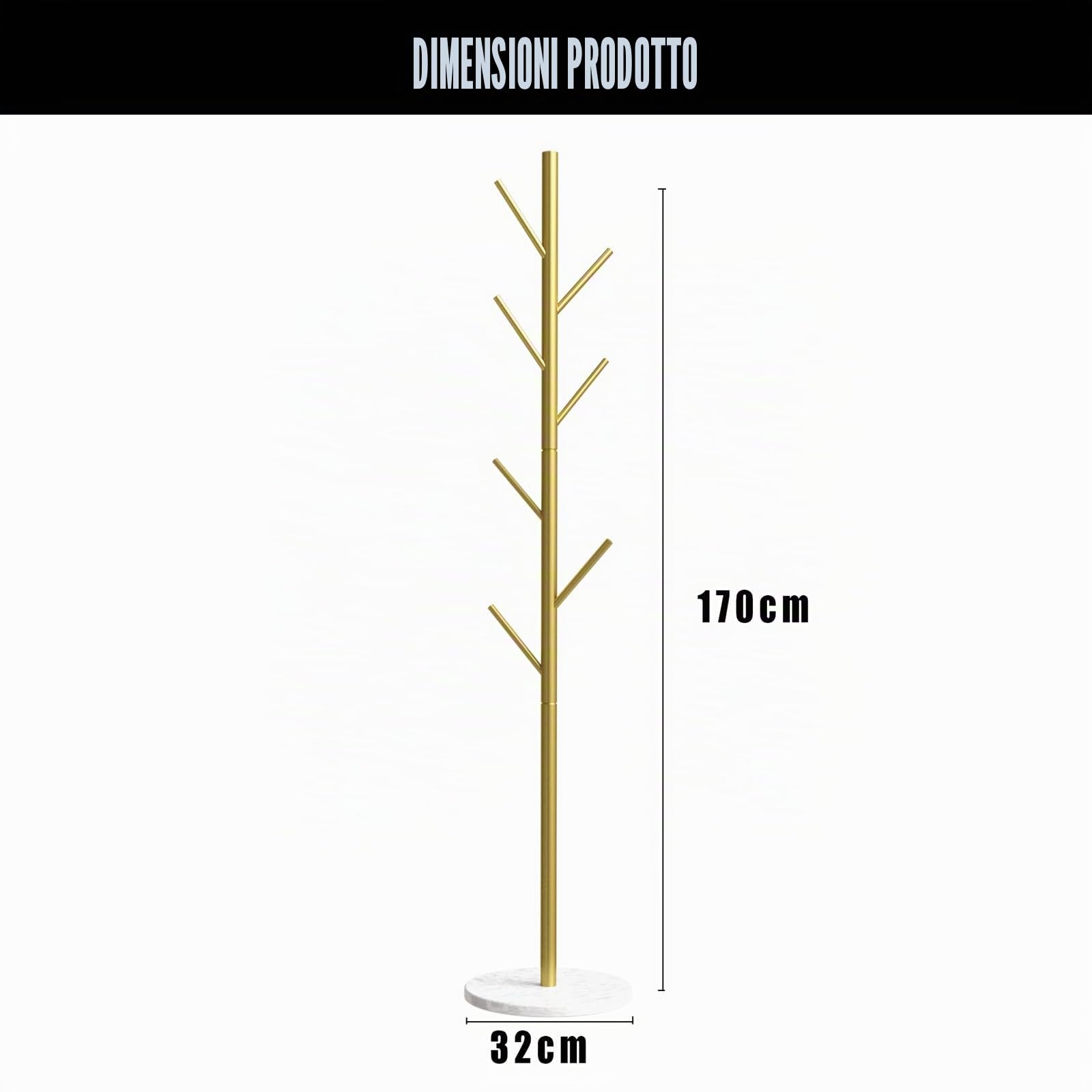 Appendiabiti da Terra Moderno, Metallo, Base In Marmo, 170 cm, Oro | Stabile, Salvaspazio, 7 Ganci Per Cappotti, Cappelli, Borse In Poco Spazio, Per Ingresso, Camera da Letto, Soggiorno, Ufficio