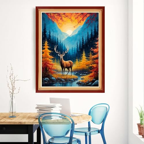 Image of Magxvouy Cross Stitch Kits Stamped Full Range of Embroidery Kits,Cross Stitch Patterns Needlework Kits for Beginners 11CT Printed Kits&Mountain and River Deer 16x20 inch