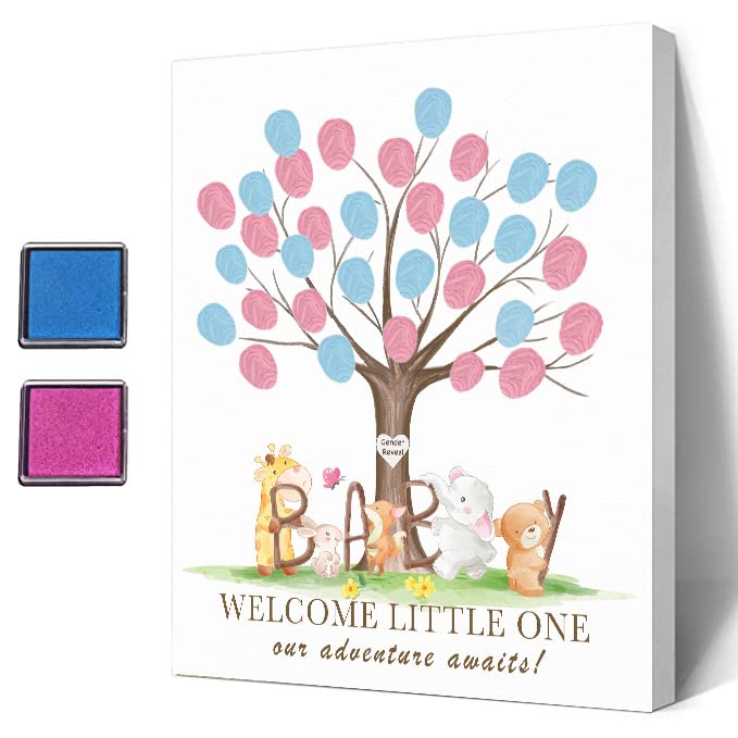 Gender Reveal Fingerabdruck-Baum Mit Safari-Tieren – Personalisiertes Gästebuch Für Die Baby-Party