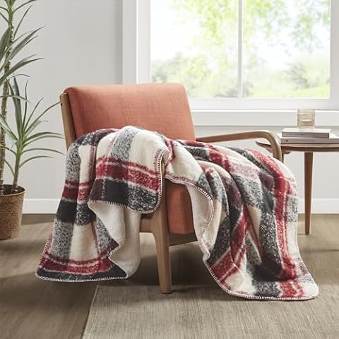 Woolrich Faux Mohair to Sherpa Throw, Classic Plaid Pattern with Whipstitch Accent Blanket Throw, All Seasons, Lightweight Cover, Cottage Style Room Décor Cozy Blanket, Bloomington, 50x60 Red Cover