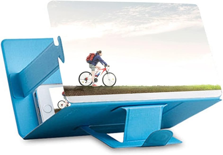 8inch 3D Phone Screen Magnifier Stereoscopic Amplifying Desktop Foldable Leather Bracket Mobile Phone Holder Tablet Holder (Color : Blue)