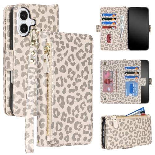 Case Wallet for iPhone 17 with Wrist Strap,6.3", Beige Leopard by Jaorty - Used condition - CA$21.35