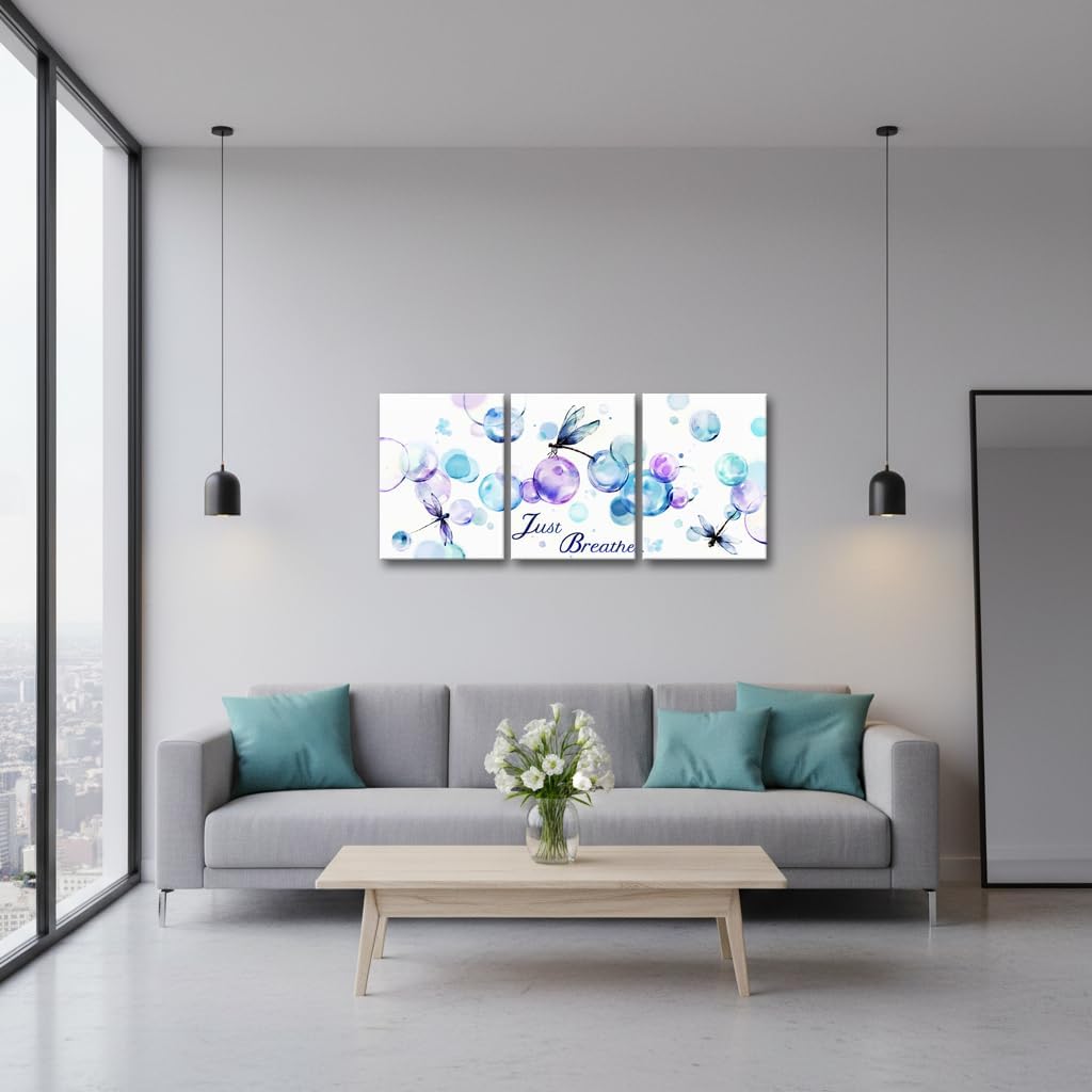 sechars Just Breathe Wall Art Dragonfly Canvas Print Blue Teal Purple Bathroom Decor Modern Abstract Painting 12"x16"x3pcs