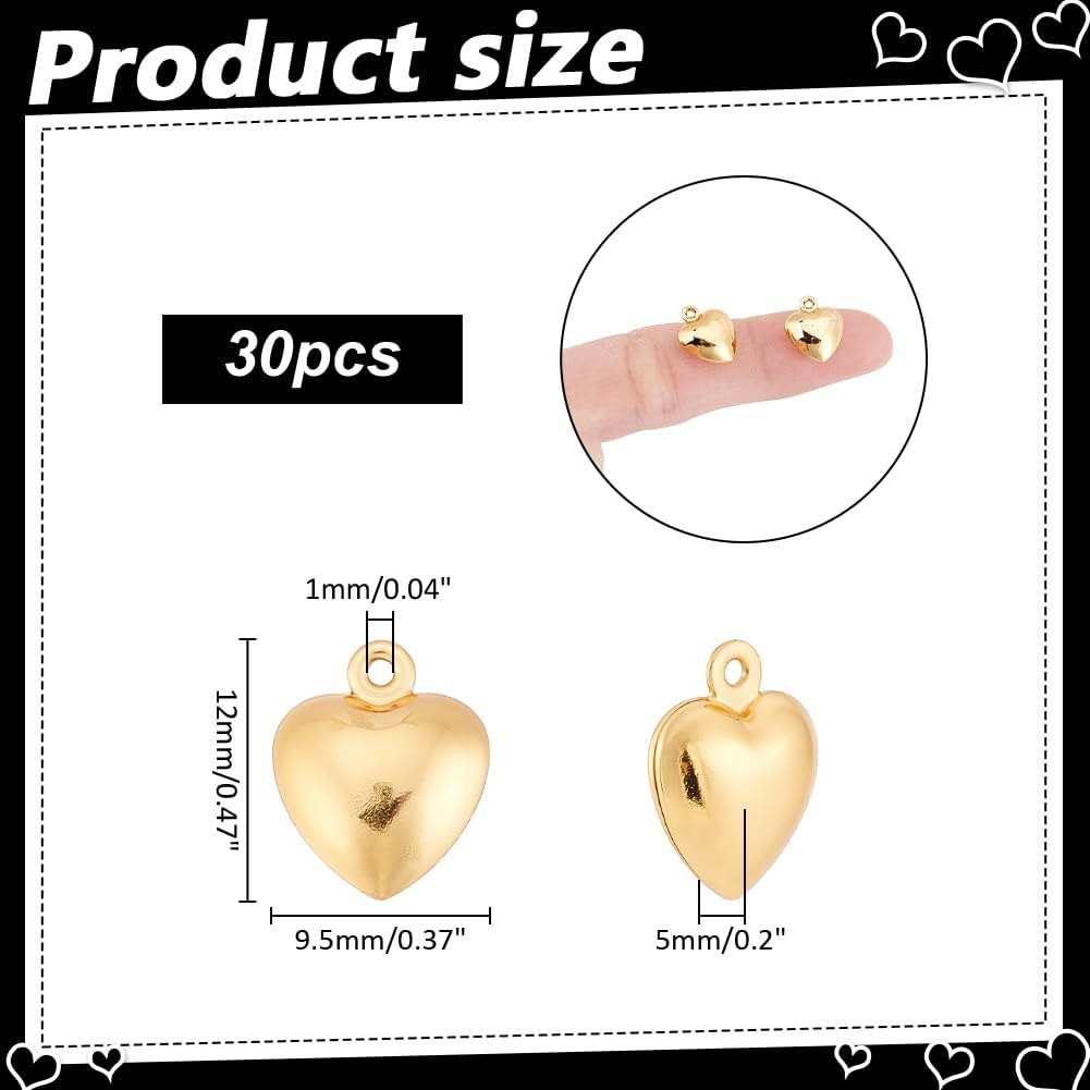 30Pcs 18K Gold Heart Charms Stainless Steel Love Pendant 12x9.5x5mm Dangle Heart Charm for Jewelry Bracelet Necklace Bag Keychain Earring Making Accessories Supplies Valentine Gift - Image 2
