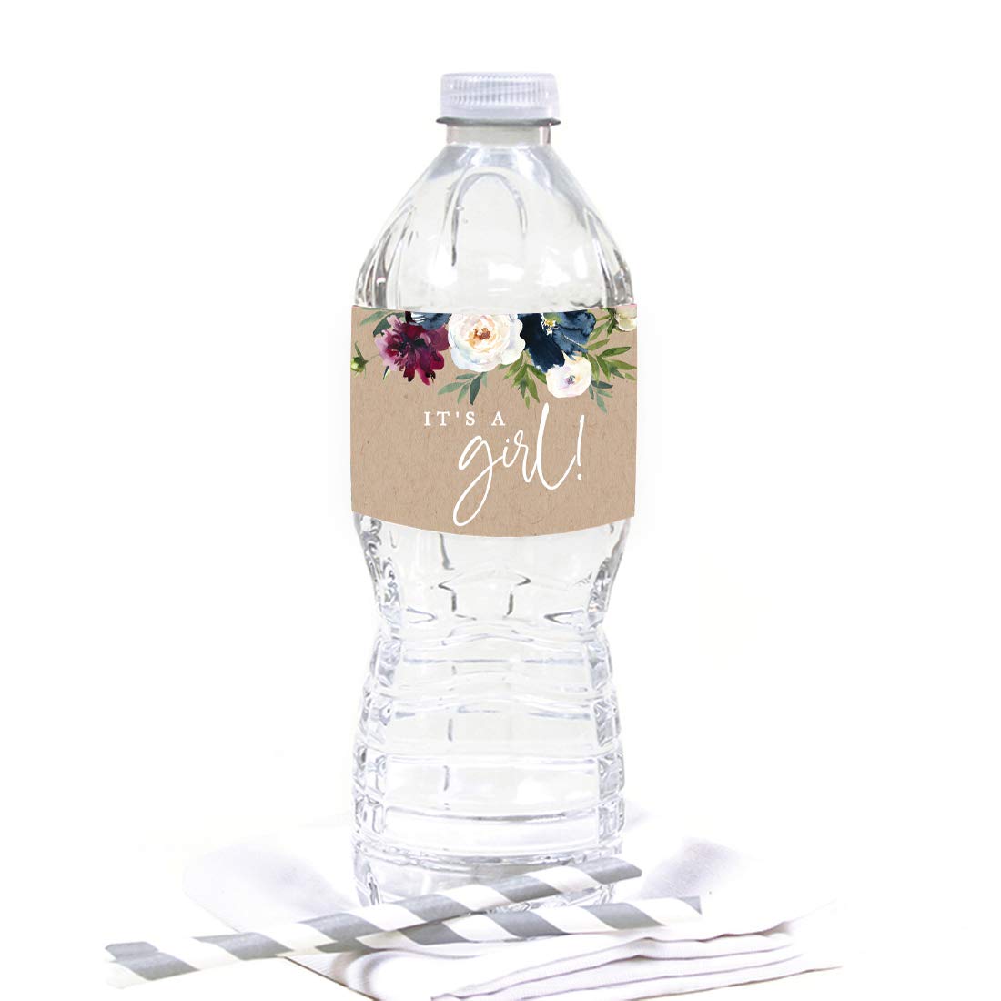 Andaz Press Kraft Brown with Burgundy Midnight Blue Florals Fall Baby Shower Party Collection, Water Bottle Label Stickers, It's a Girl!, Floral Bouquet Graphic Design, 20-Pack