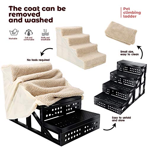 Kphico Plastic Dog Stairs,4 Steps Wide Pet Stairs,Dog Ramp/Ladder Best For Older Dogs&Cats Joint Pain Climbing Couch And Bed,Removable And Washable Cover-Send 1 Pet Grooming Gloves & Dog Rope Ball #TOP2
