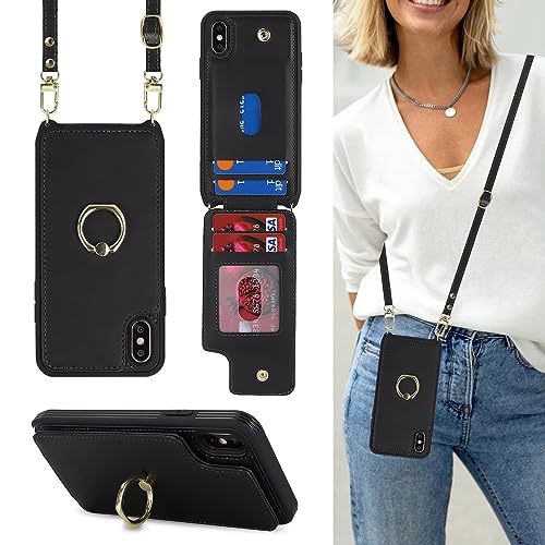 Image of for iPhone Xs Max Case with Card Holder and Strap for Women,Crossbody Lanyard,Kickstand Ring Stand,Snap Clasp,Phone Wallet Cases 6.5 inch(Black)