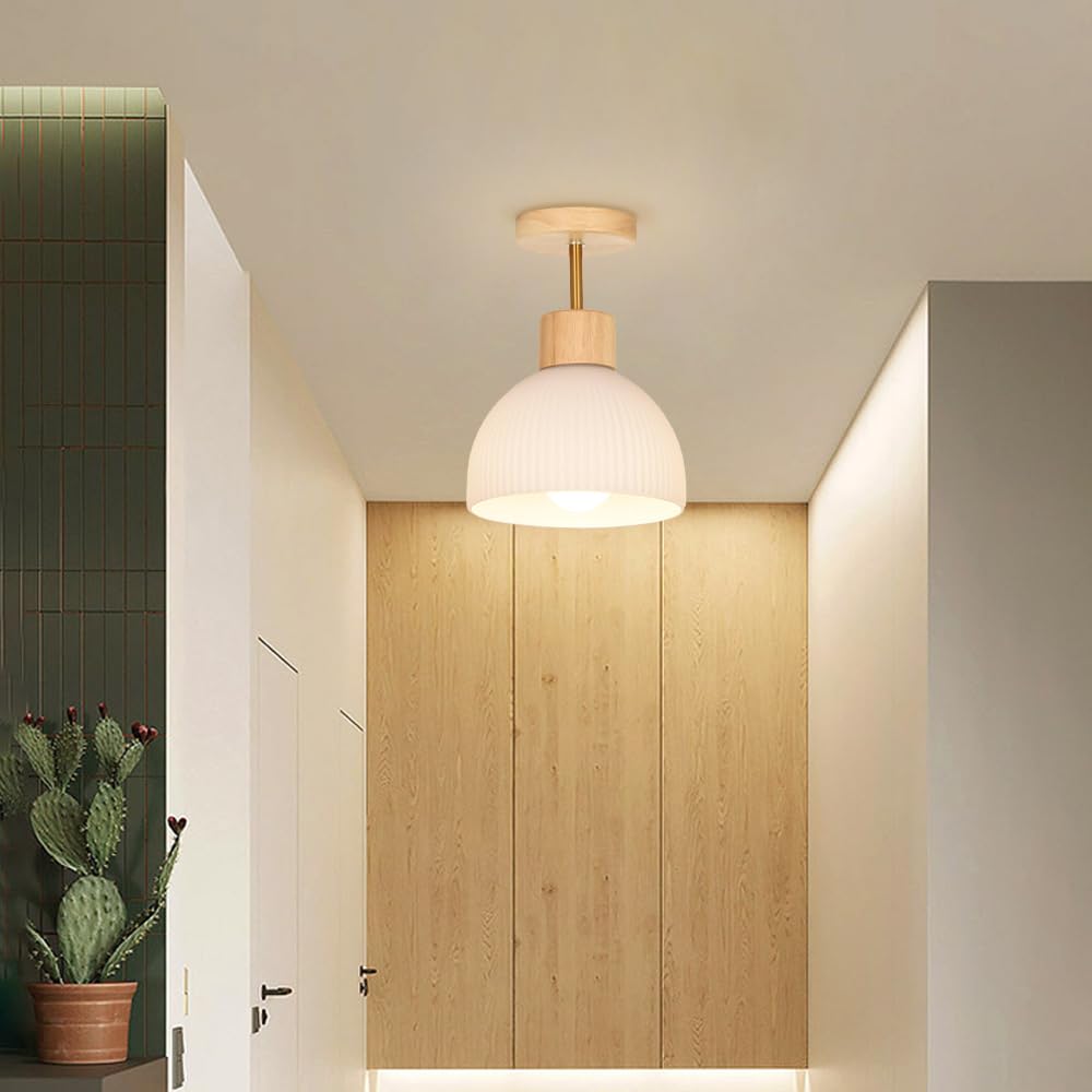 Nordic Wood Ceiling Light, Półpłaska Sufitowa, Drewniana Sufitowa Do Korytarza, Japońska Szklana Sufitowa, Mała Sufitowa Do Przedpokoju/Kolor Drewna