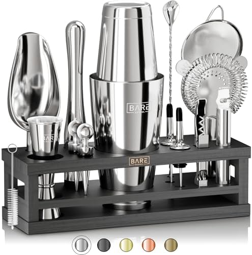 BARE BARREL Mixology Bartender Kit Bar Set | 16-Piece Cocktail Shaker Set | Martini Barware Mixing Tools for Home Bartending | Incl. 35 Recipe Cards | Gift Set (28oz Boston Shaker, Silver/Black)