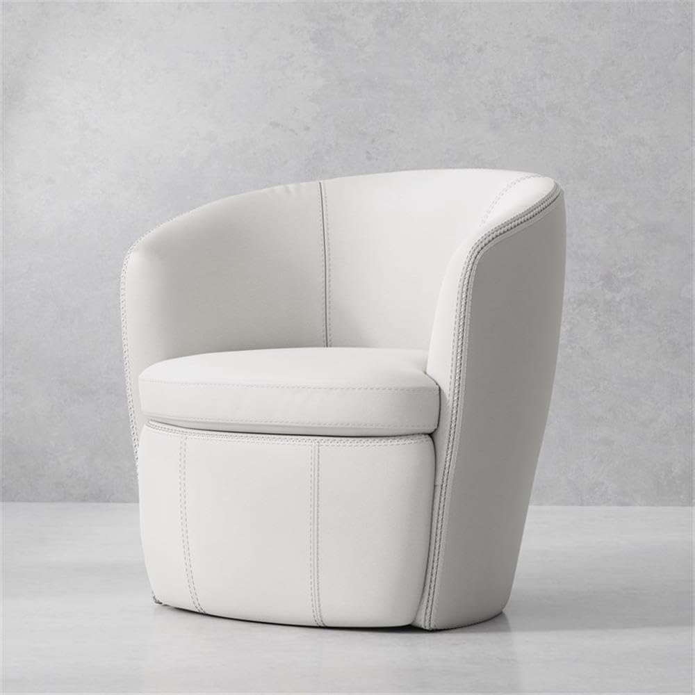 Pemberly Row Traditional Italian Leather Swivel Club Chair, Snow White Finish, 360-Degree Metal Base, Barrel Design, 31"W x 28"D x 31.5"H, Aniline-Dyed Leather Upholstery, Living Room Accent Seating