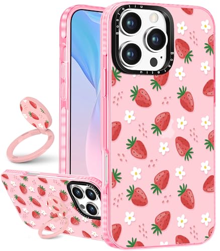 Boaretiu Cute Kawaii for iPhone 16 Pro Max Case with Stand - Fashion Cool 360° Rotate Ring Holder Kickstand Strawberry Design for Women Girls Boys Teens Girly for iPhone 16 Pro Max Phone Case