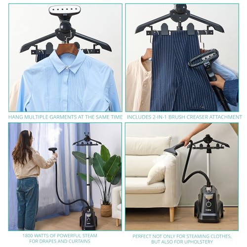 True & Tidy® Heavy-Duty Commercial Industrial Standing Garment Steamer for Clothes, 1800 watts, XL 3L water tank 90+ mins of Steam 3 Steam Settings, Step On/Off Control, Wheels for Easy Movement