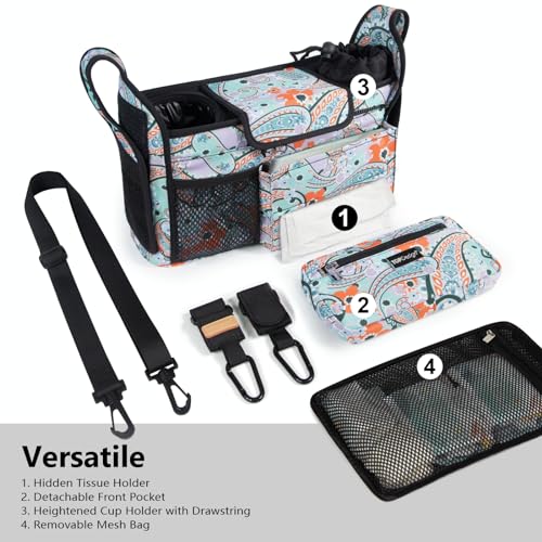 Image of TOPDesign Universal Baby Stroller Organizer, Stroller Caddy with Detachable Mesh Bag & Heightened Insulated Cup Holders & Non-Slip Secure Hooks Accessories, Fits Most Strollers (Green Bandanna)