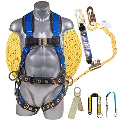 Plank Supply Premium Fall Protection Roofing Bucket Kit I Full Body Safety Harness, 50' Vertical Rope, Anchor Set & Free Gift I OSHA/ANSI Compliant Arrest Kit (Large, Blue)